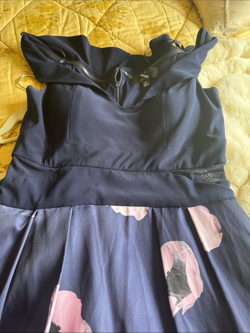 Xscape Navy Dress with Pink Floral Skirt